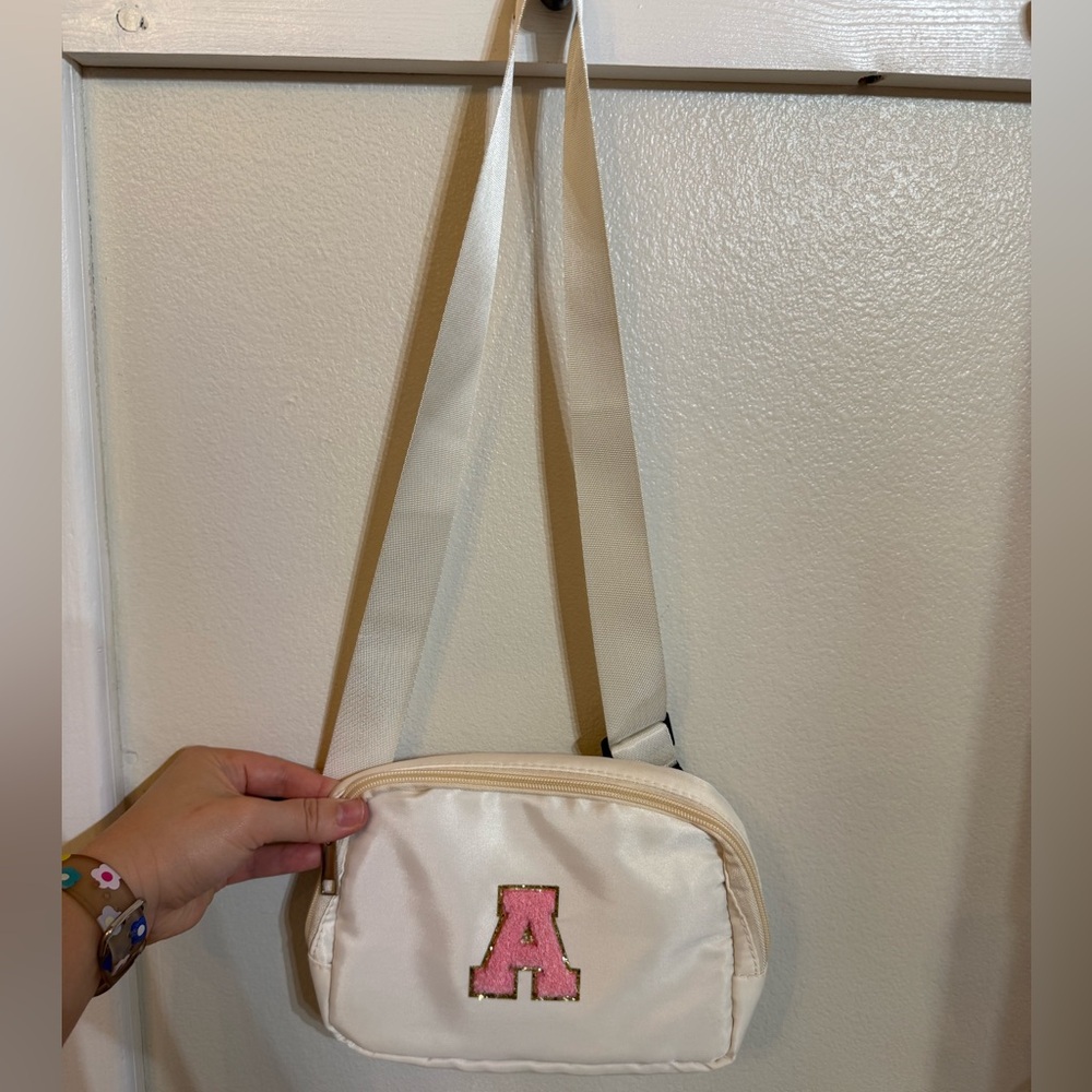 Cream Crossbody bag With Pink A Initial.